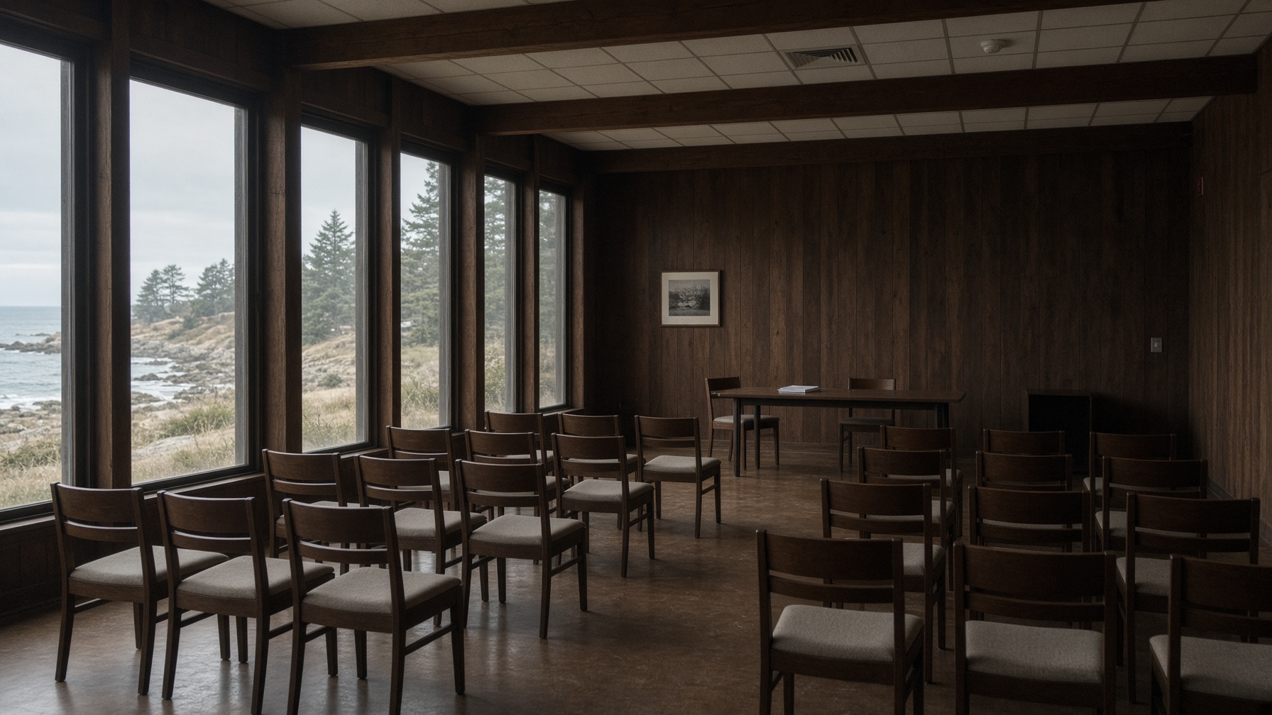 An empty wooden conference hall, ocean in the windows, rows of chairs, no people.