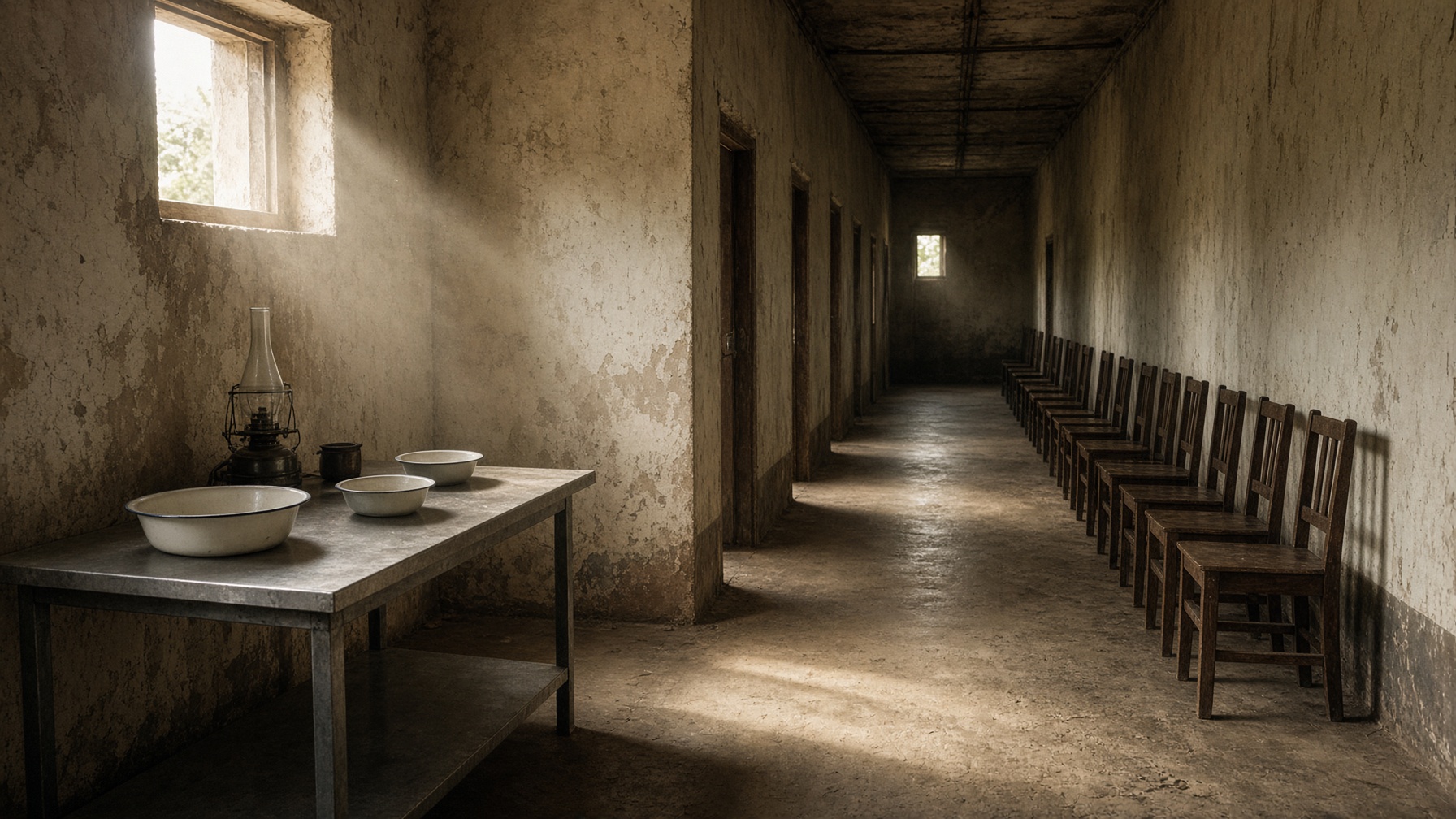An empty hospital kitchen in warm light, enamel bowls, no people.