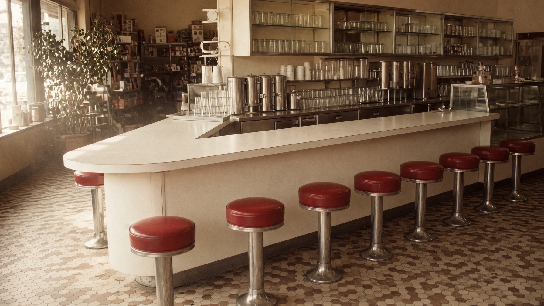 An empty lunch counter, stools, chrome, no people.