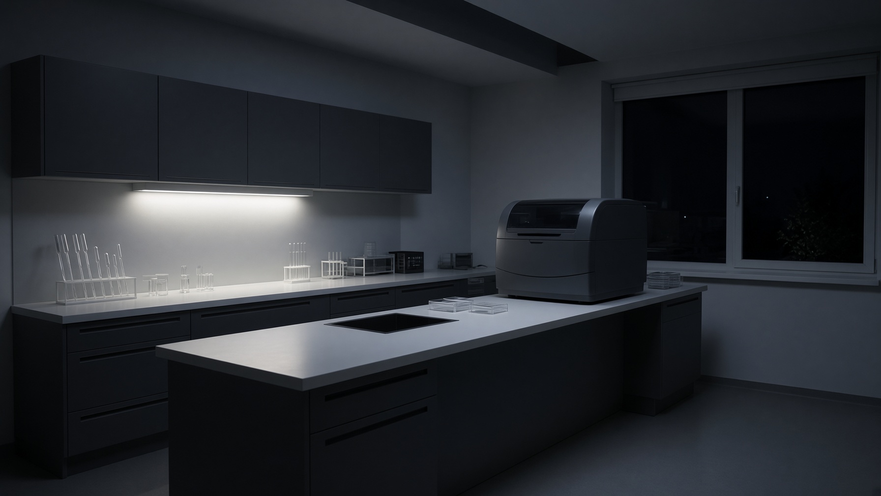 An empty genetics laboratory at night, glassware, no people, no screens.