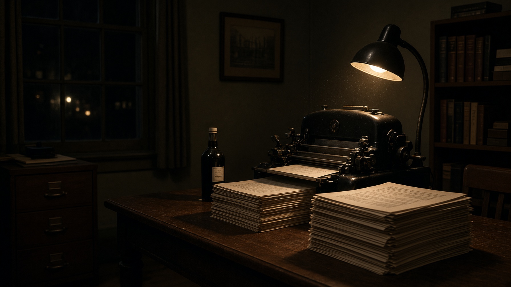 A mimeograph and stacks of unmarked leaflets under a lamp, no people.