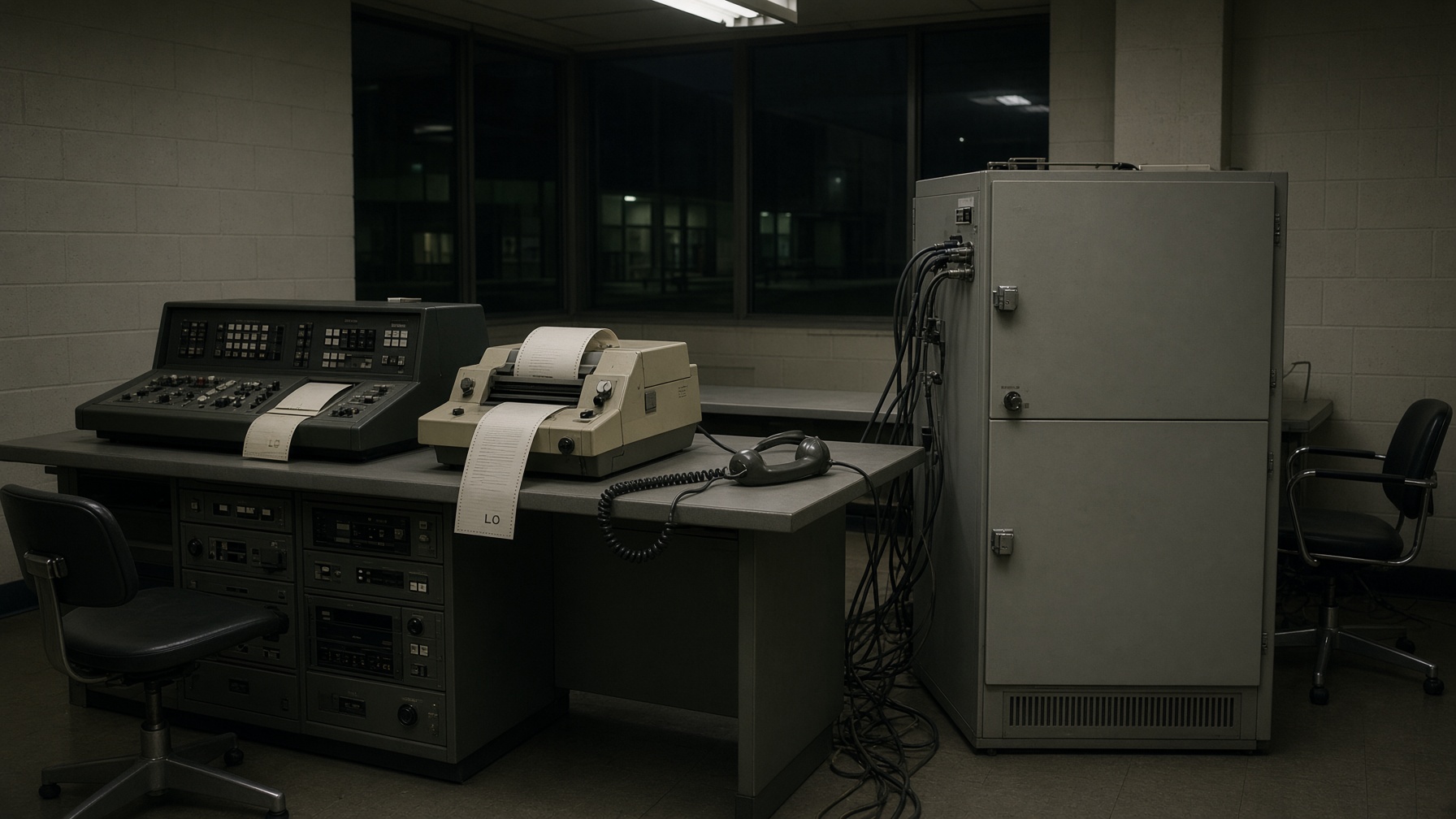 An empty night lab: teletype, IMP, a telephone handset, no people.