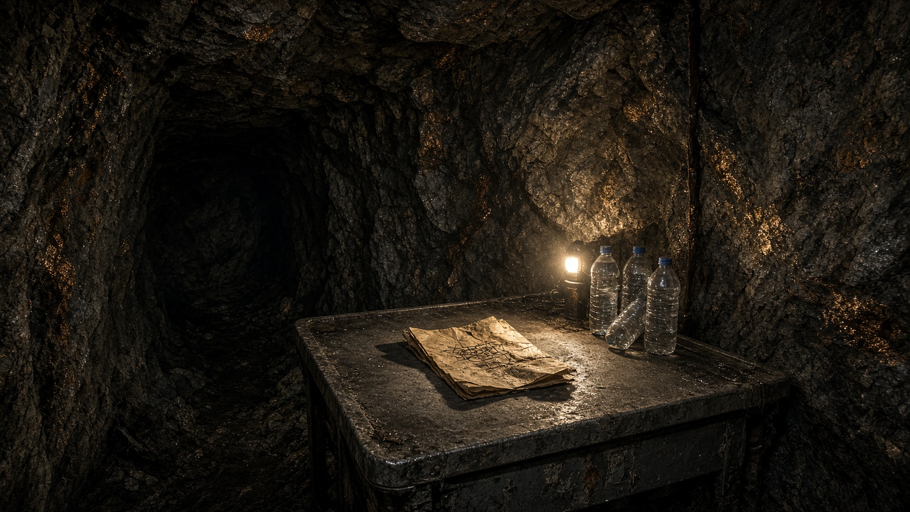 A dark rock chamber, weak lamp on a metal table, folded paper, no people.